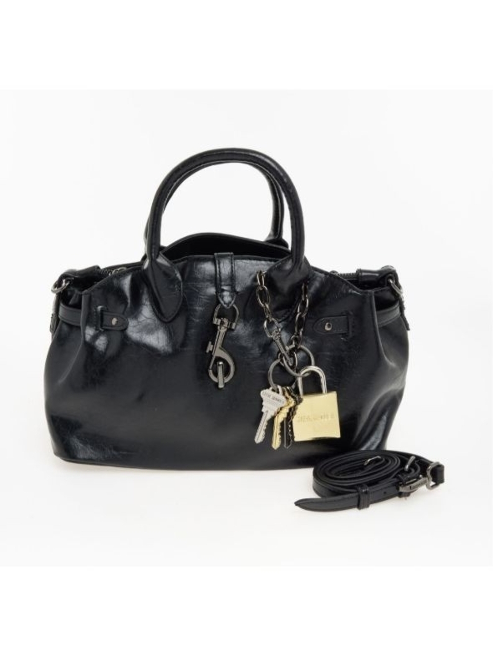 Steve Madden Black Leather Handbag with Key & Lock Charms